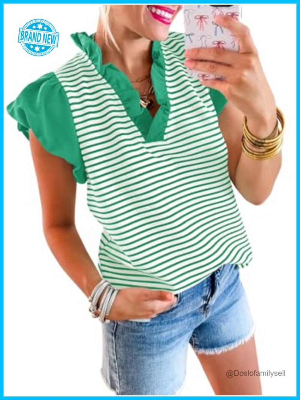 Women's Ruffle Cap Sleeve V-Neck Striped Tank Top Summer Blouse